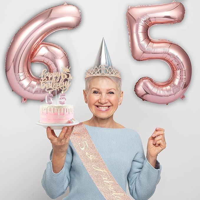 65th Birthday Gifts Decorations for Women, Including 65 year old Birthday Cake Topper,Queen Sash with Pearl Pin, Sweet Rhinestone Tiara Crown, Number Candles and Balloons Set, Rose Gold