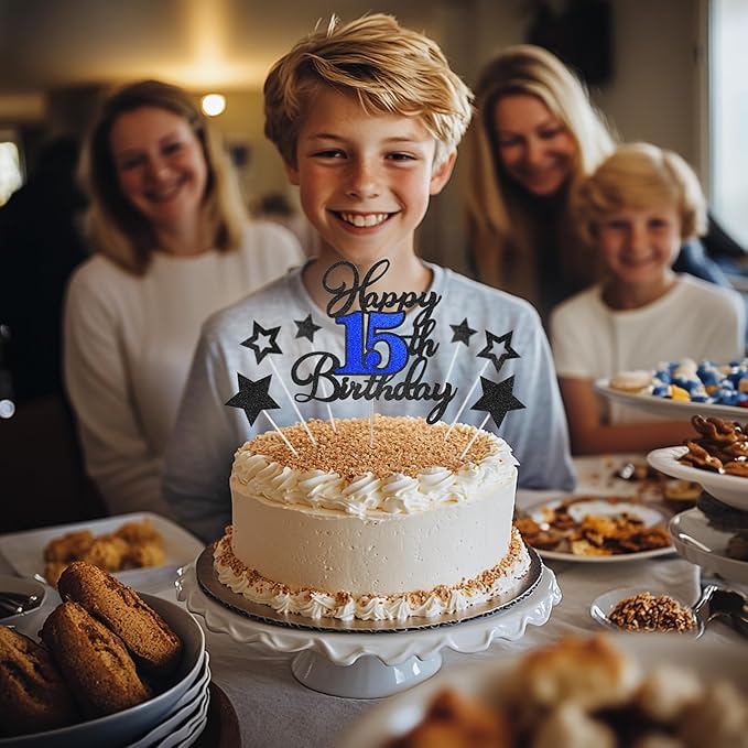 Happy 15th Birthday Cake Toppers, Black Blue Glitter Cake Decorations Set, 15th Birthday Decor, Birthday Anniversary Party Decorations Supplies