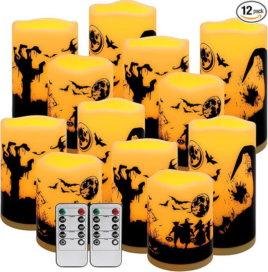 12-Pack Waterproof Flameless LED Candles - Remote Control & Timer, Dimmable Flickering for Halloween Decor Indoor/Outdoor, Haunted House, Party, Graveyard