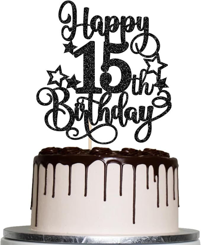 1 PCS Happy 15th Birthday Cake Topper Glitter Cheers to 15 Years Birthday Cake Pick Hello 15 Fabulous Cake Decoration for Happy 15th Birthday Anniversary Party Decorations Supplies Black