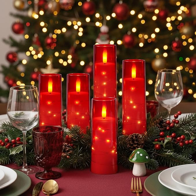 Raycare Flameless Candle with Remote Timer – 5 Flickering Acrylic Battery Operated LED Pillar Candles with Embedded Star String for Halloween, Home Decor, and as a Gift(Red)