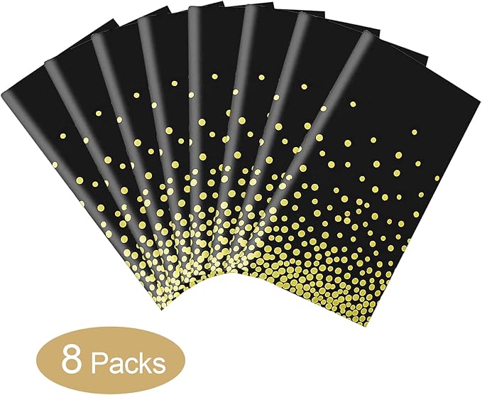 Gexolenu 8 Pack Black and Gold Tablecloth for Rectangle Tables, Plastic Disposable Dot Confetti Party Table Covers for Birthday, Graduation, New Year Party, Anniversary, 54" x 108"