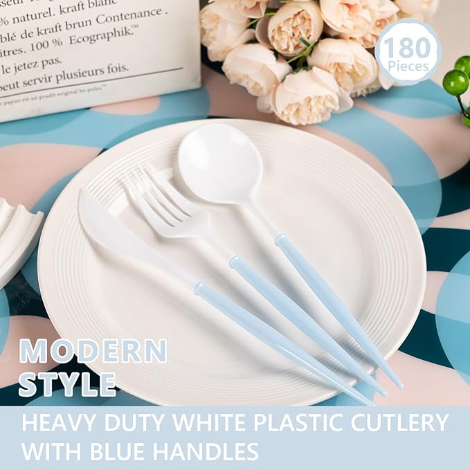 180PCS White Plastic Silverware with Blue Handle,Disposable Utensils Set Include 60 Forks,60 Knives,60 Spoons,Modern Heavy Duty Plastic Silverware Set for Party,Birthday,Wedding