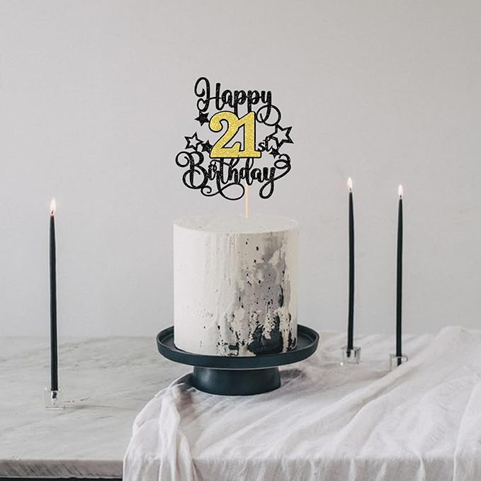 1 PCS Happy 21st Birthday Cake Topper Black Gold Glitter Cheers to 21 Years Birthday Cake Pick Hello 21 Fabulous Cake Decoration for Happy 21st Birthday Anniversary Party Decorations Supplies