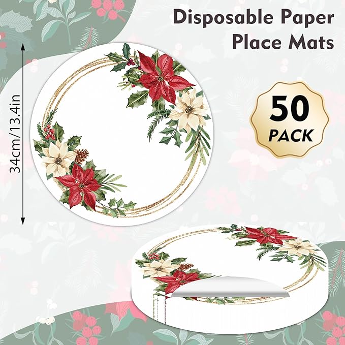 50 Pack Christmas Paper Placemats Disposable Poinsettia Place Mats 13.4 Inch Red Christmas Flower Decorative Round Table Mats for Xmas Winter Birthday Wedding Baby Shower Party Supplies