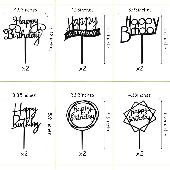 12 Pack Multi Styles Birthday Cake Topper Set, Acrylic Cake Bunting Decor Birthday Cake Picks Party Decorations Supplies(Black)