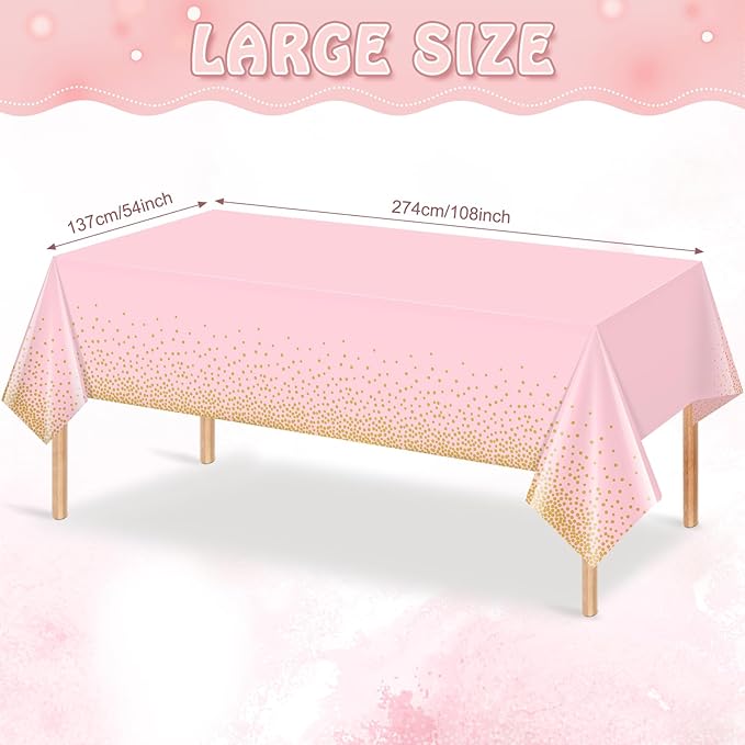 1 Pack Pink and Gold Plastic Tablecloth for Parties, Pink Disposable Table Cloth for Rectangle Tables, Gold Stamping Dot Confetti Light Pink Tablecloth for Birthday Wedding Baby Shower Party, 54x108"