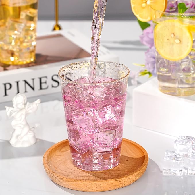 Goodluck 12 oz 200 PCS Gold Glitter Plastic Cups, Disposable Glitter Cups, Elegant Plastic Cocktail Glasses, Fancy Party Cups for Wedding, Birthday, Holiday