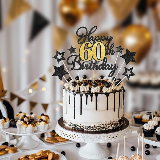 Happy 60th Birthday Cake Toppers, Black Gold Glitter Cake Decorations Set, 60th Birthday Decor for Men Women, Birthday Anniversary Party Decorations Supplies