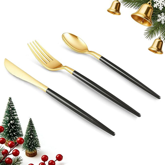 150 PCS Black Gold Plastic Utensils for 50 Guests, Gold Disposable Silverware with 50 Knives, 50 Spoons and 50 Forks, BPA Free, Ideal for Weddings, Birthdays & Graduation