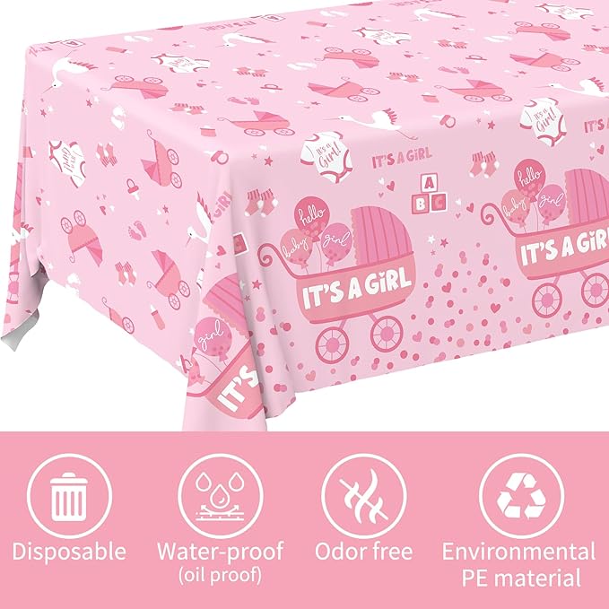Gatherfun Baby Girl Shower Party Supplies: 2-Pack It’s A Girl Decorations,Disposable Plastic Tablecloth, Ideal Table Cover for Baby Shower Decorations Girl