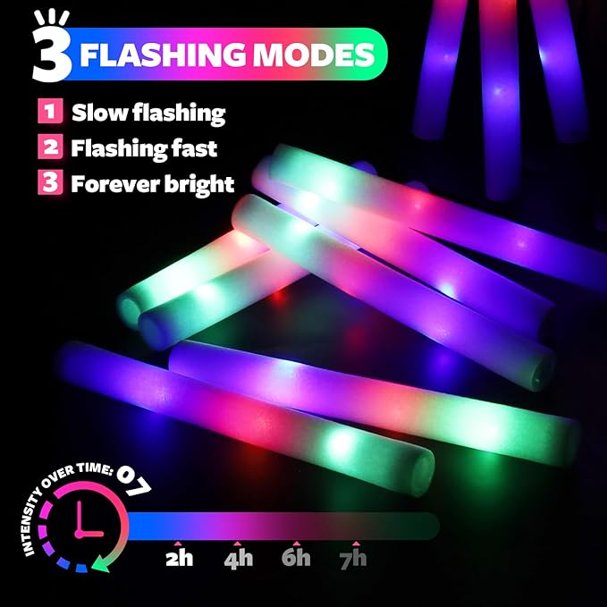 58 PCS LED Foam Glow Sticks Bulk, Glow in the Dark Party Supplies with 3 Modes Colorful Flashing, Neon Party Favors for Birthday, Wedding, Carnival, Concert, New Year Glow Sticks