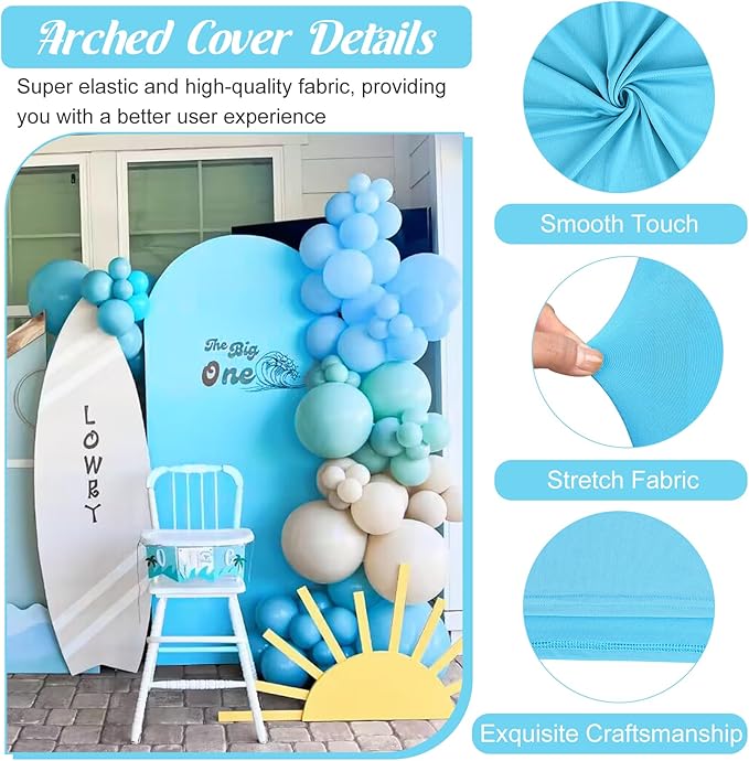 Metal Arch Stand and Cover Set,1 Blue Spandex Fitted Backdrop with 1 Gold Wedding Arched Stand Frame for Parties Birthday Baby Shower Bridal Banquet Decoration (6FT)