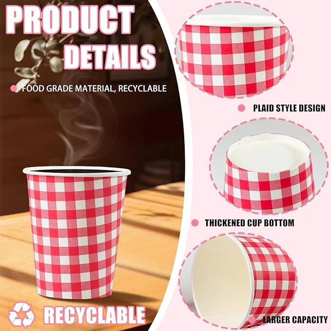 50 Pcs 8 oz Gingham Paper Cups, Disposable Gingham Cups, Checkered Cup for Hot Cold Beverage Birthday Party Supplies Decor (Red)