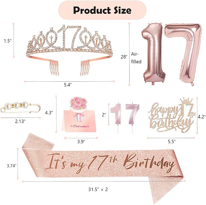 17th Birthday Decorations for Girls, 17th Birthday Sash and Crown, Cake Topper, Number Candles and Balloons, 17 Year Old Gifts for Girls