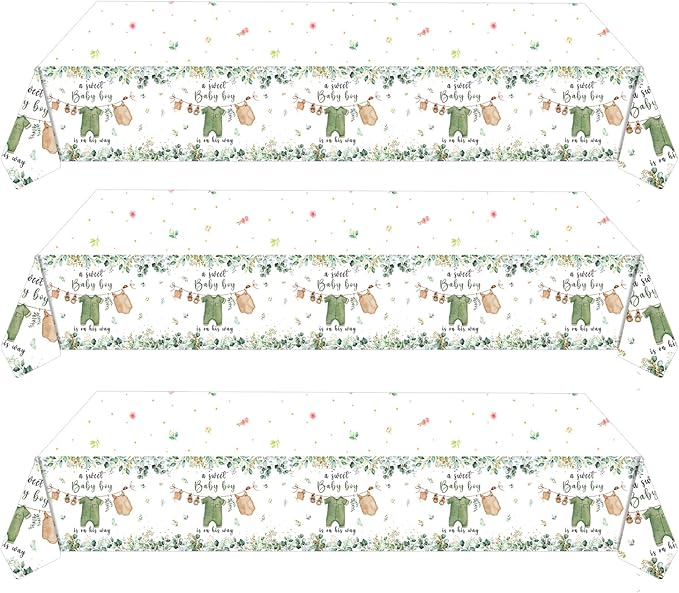 3PCS Greenery Gender Reveal Baby Shower Tablecloth, Boho Greenery A Sweet Baby Boy is On His Way Party Supplies TableCover for Gender Reveal Party, 54 x 108INCH (Green)