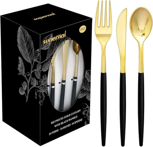 Supernal 102pcs Gold Plastic Silverware, Golden Cutlery with Black Handle, Disposable Flatware Collection, Includes 34 Plastic Forks and Spoons and Knives Ideal for Weddings, Parties, and Birthdays