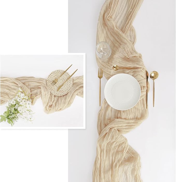 FEXIA 6 Pack Beige Gauz Table Runner 35x120 Inches for Centerpiece Table Decorations Ivory Cheesecloth Rustic Boho Table Runner for Bridal Shower Wedding Party First Communion Centerpiece Engagement