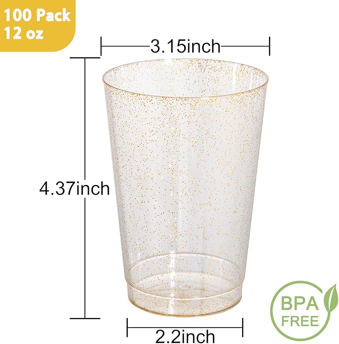 I00000 100 Pack 12 oz Gold Glitter Cups, Clear Disposable Cups, Gold Plastic Wine Glasses Cocktail Glasses Heavy Duty Cups, 12 Ounce Glitter Plastic Tumblers for Party