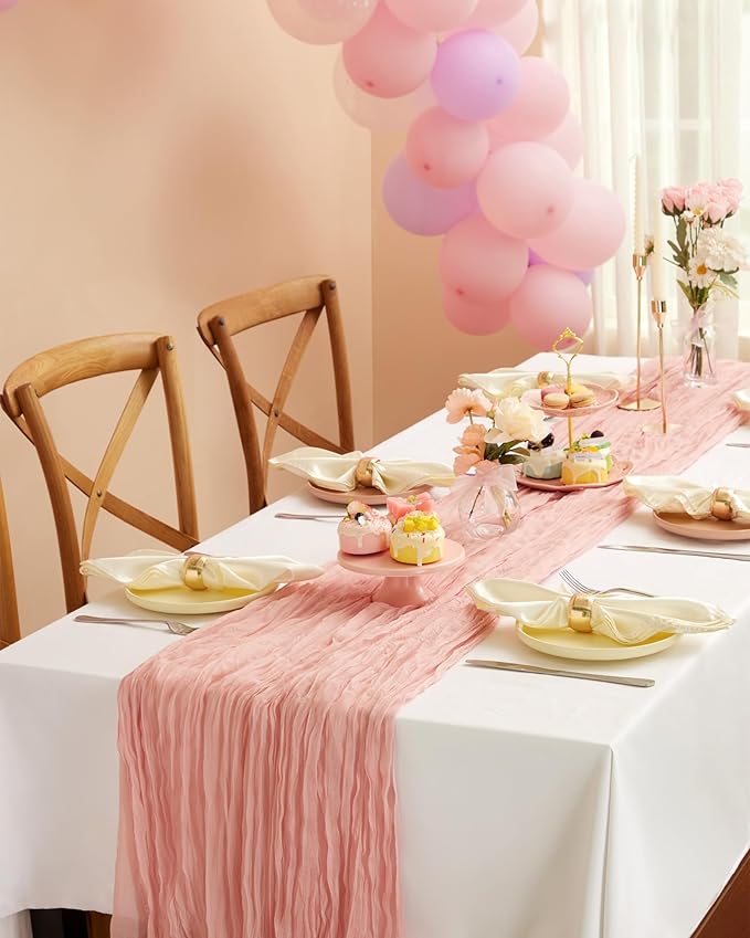 Pureegg 2-Pack Cheese Cloths Table Runner, 120'' Boho Table Cloth Decorations for Party, Baby Shower, Wedding and Farmhouse, Fabric Room Decor, Dusty Pink