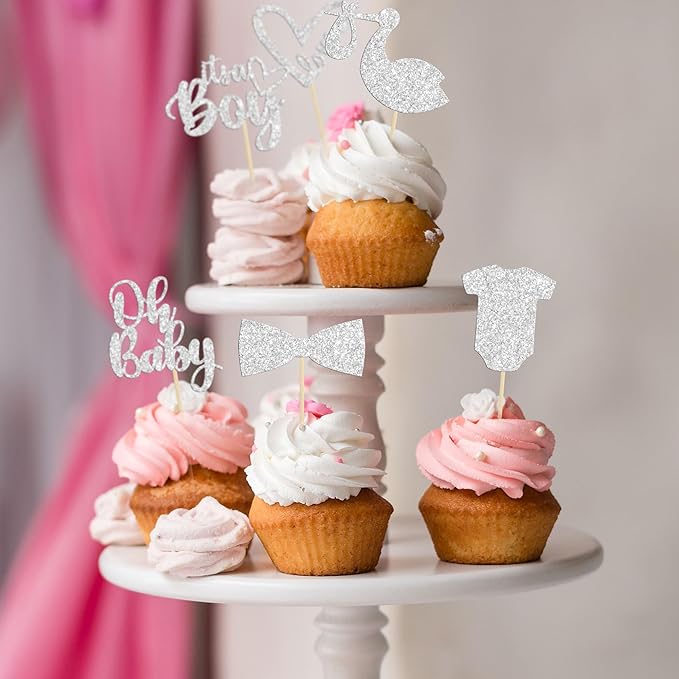 Gyufise 36 Pack Oh Baby Cupcake Toppers It's a Boy Cupcake Toppers with Tie Onesie Love Heart Deep Silver Glitter Babyshower Cake Picks Decorations for Baby Shower Boy Birthday Party Supplies
