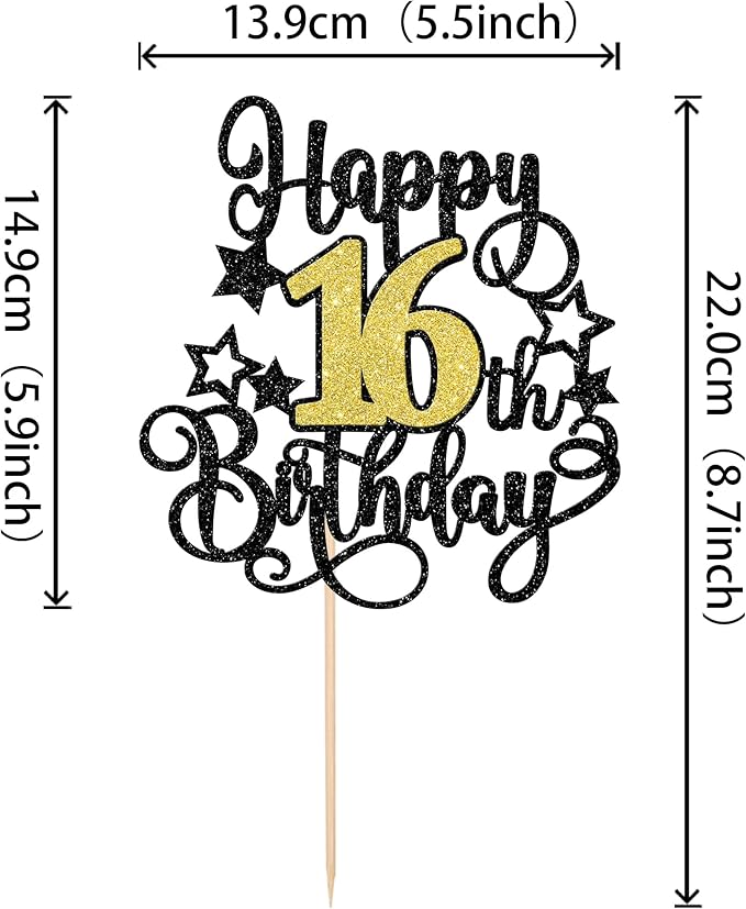 1 PCS Happy 16th Birthday Cake Topper Black Gold Glitter Cheers to 16 Years Birthday Cake Pick Hello 16 Fabulous Cake Decoration for Happy 16th Birthday Anniversary Party Decorations Supplies