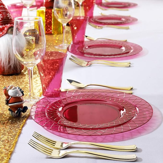 Nervure 300 Piece Gold Plastic Silverware Set - Heavyweight Gold Plastic Cutlery - Disposable Utensil Include 150 Forks, 75 Knives, 75 Spoons Perfect for Parties & Wedding & Party