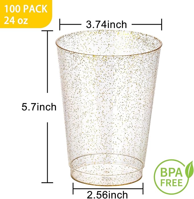 I00000 100 Pack 24 oz Gold Plastic Cups, Gold Glitter Cups Disposable Plastic Wine Glasses Cocktail Glasses Premium Cup, 24 Ounce Glitter Disposable Tumblers for Party & Wedding