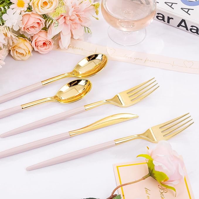 SUT 160Pcs Pink and Gold Plastic Silverware, Heavy Duty Plastic Silverware, Valentines Plastic Utensils, 80 Plastic Forks, 40 Knives, 40 Spoons, Disposable Cutlery for Parties, Valentines(Pink Gold)