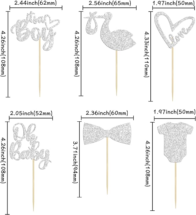 Gyufise 36 Pack Oh Baby Cupcake Toppers It's a Boy Cupcake Toppers with Tie Onesie Love Heart Deep Silver Glitter Babyshower Cake Picks Decorations for Baby Shower Boy Birthday Party Supplies