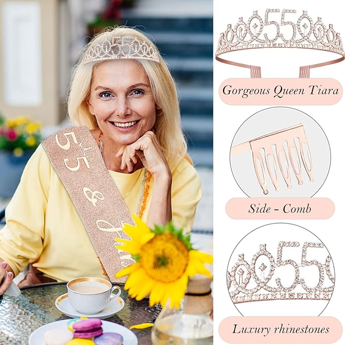 55th Birthday Decorations for Women, 55th Birthday Sash and Crown, Cake Topper, Number Candles and Balloons,, 55 Year Old Gifts for Women