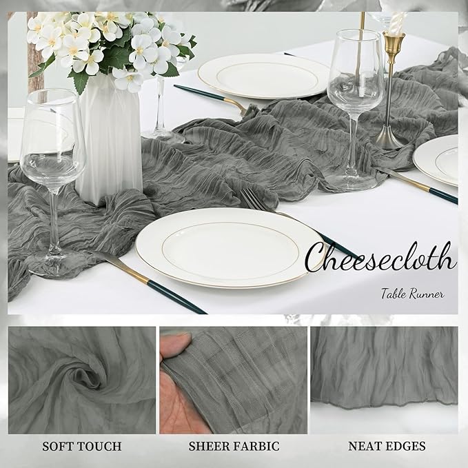 6 Pack Gray 10FT Cheesecloth Table Runner Rustic Gauze Fabric Cheese Cloth Table Runner for Wedding Bridal Baby Shower Table Decor 20 x 120 Inch Long Boho Sheer Birthday Party Table Decorations