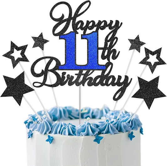 11th Birthday Cake Topper, Black Blue Happy 11th Birthday Cake Toppers for Boy Girl, 11 Years Old Birthday Party Supplies, Glitter Cake Decor, 11th Birthday Cake Decorations