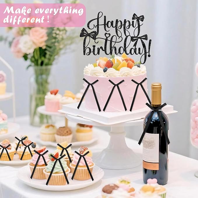 6 PCS Bow Cake Toppers Happy Birthday Cupcake Toppers Black Bows for Cake Coquette Birthday Decorations Party Decor Balloons High Footed Cup Wedding Party Supplies Baby Shower