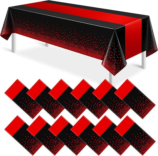 MASHAN 12Pcs Black and Red Tablecloth Party Decorations,Plastic Black Table Cloth Printed Red Table Runner Disposable Rectangle Cover for Birthday Weeding Anniversary Graduation Party,54 x108 Inch