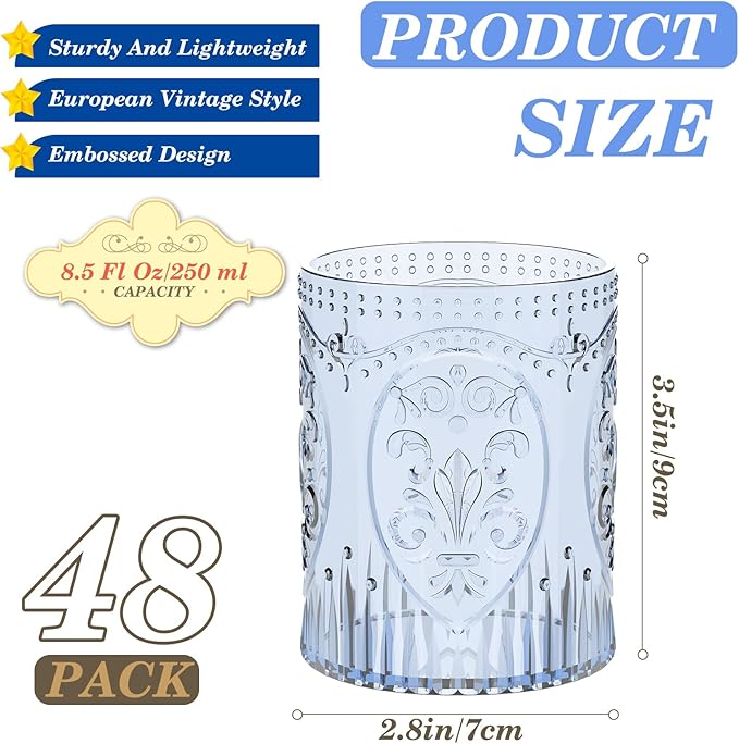 48 Plastic Vintage Drinking Glasses 8.5oz Stemless Retro Embossed Wine Glasses Shatterproof Reusable Cups for Baby Shower Wedding Reception Grand Event Party (Blue)