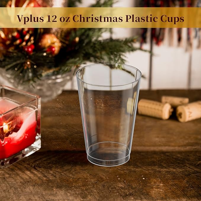 Vplus 150 Pack 12 OZ Reusable Clear Plastic Cups, Disposable Heavy Duty Plastic Cups for Party, Christmas, Wedding, Thanksgiving, Halloween