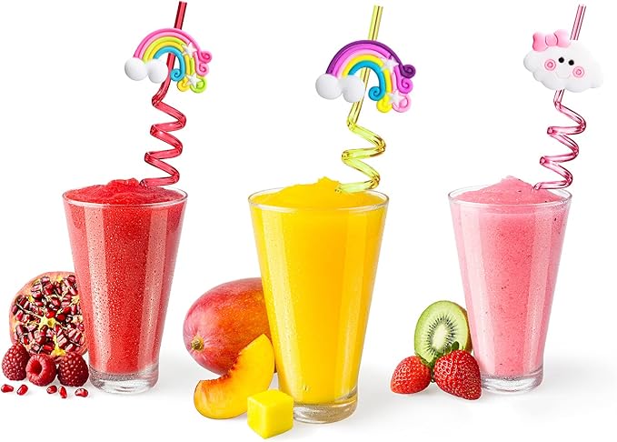 Rainbow Birthday Party Supplies Drinking Plastic Straws 24 for Kids Girls Boys Rainbow Cloud Party Favors Decorations with 2 Cleaning Brushes - Set of 26 (8 Styles)