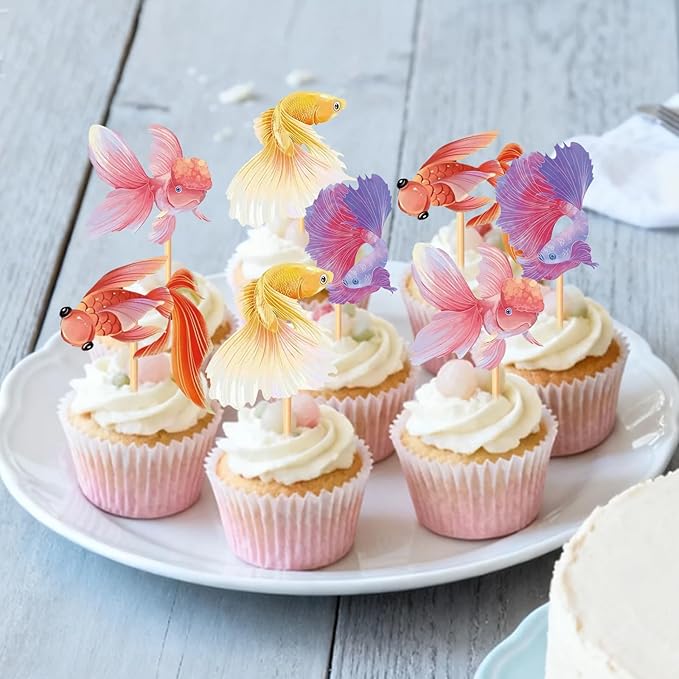 28 pcs Double Sided Goldfish Cupcake Toppers ornamental fish Theme Decorations Baby Shower Happy Birthday Party aquarium Party Cake fish Decoration Supplies