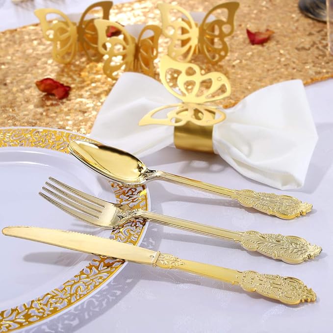 Nervure 200PCS Gold Plastic Silverware Set- Disposable Flatware - Disposable Gold Plastic Cutlery for Party- Includes 50 Forks,50 Spoons,50 Knives,50 Napkins,50 Butterfly Clasp
