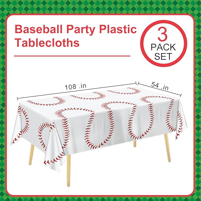 Oigco 3 PCS Baseball Tablecloth — Baseball Party Decorations — Sports Disposable Table Covers for Boys Sports Birthday Party, Team Game Day, Outdoor Picnic, 54 x 108 Inch