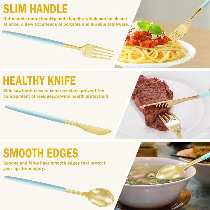 Supernal 102Pcs Mint Green Plastic Silverware,Gold Cutlery with Mint Green Handle,Gold Plastic Silverware Heavy Duty Include 34 Forks,34 Spoons and 34 Knives Prefect for Party,Wedding & Mother's Day
