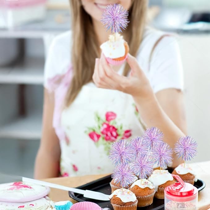 Gyufise 30Pcs Foil Firework Cupcake Toppers Sparkle Tinsel Cake Toppers Tinsel Drink Cake Decoration Cocktail Picks for Birthday Wedding Graduation Party Supplies Laser Purple