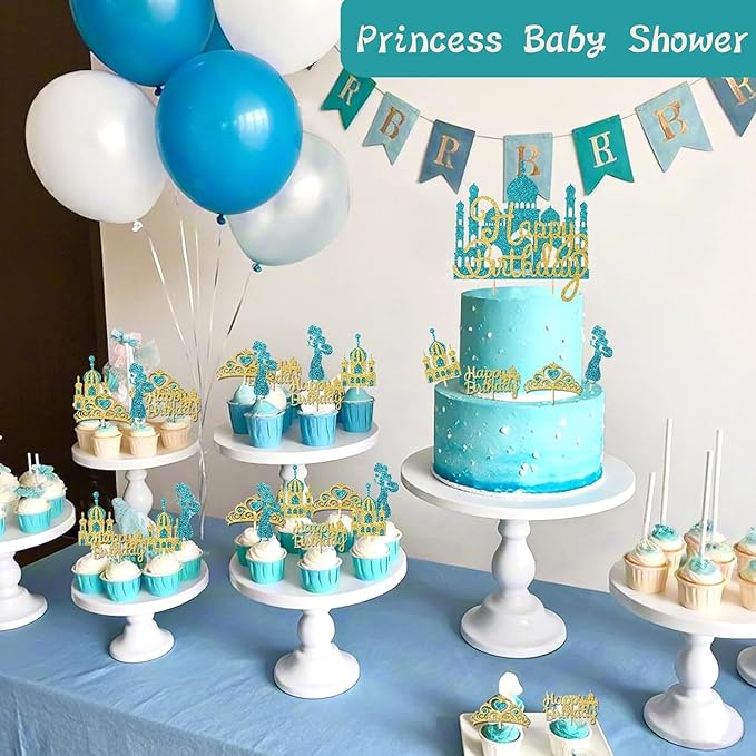 26Pcs Glitter Princess Cake Topper Set with Lake Blue Castle Gold Happy Birthday Cake Toppers Crown Cupcake Topper for Arabian Princess Birthday Baby Shower Costume Party Decor