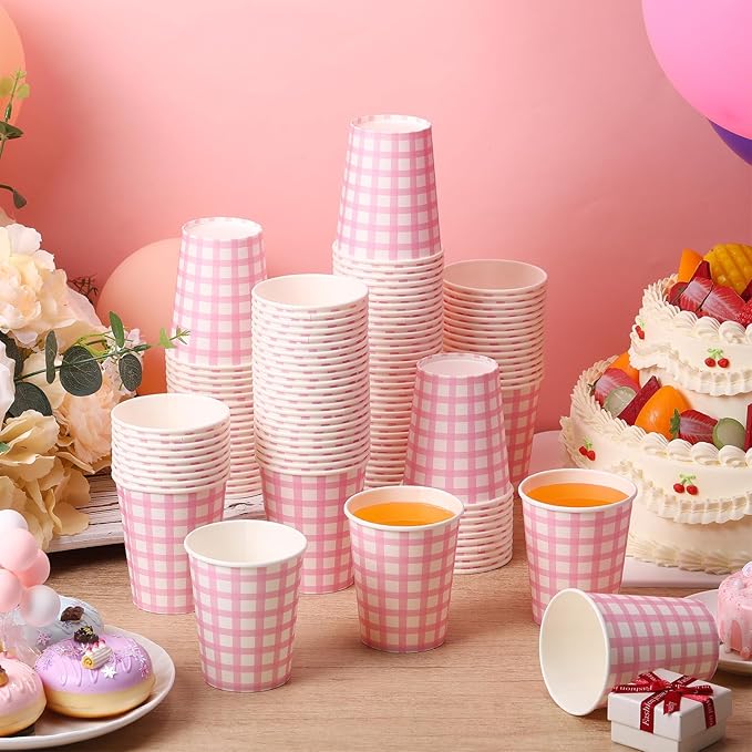 Honeydak 150 Pcs 9 oz Gingham Paper Drinking Cups Checkered Party Disposable Plaid Paper Cups Supplies for Wedding Birthday Fiesta Party Baby Shower Picnic(Pink)