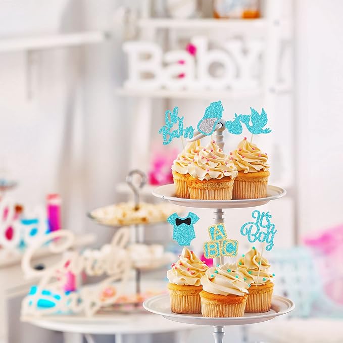 24Pcs Oh Baby Cupcake Toppers Blue Glitter It's a Boy Cupake Toppers with Swan Onesie Bottle Baby Shower Gender Reveal Cupcake Picks Decorations for Kids Boys Birthday Party Cake Decorations Supplies
