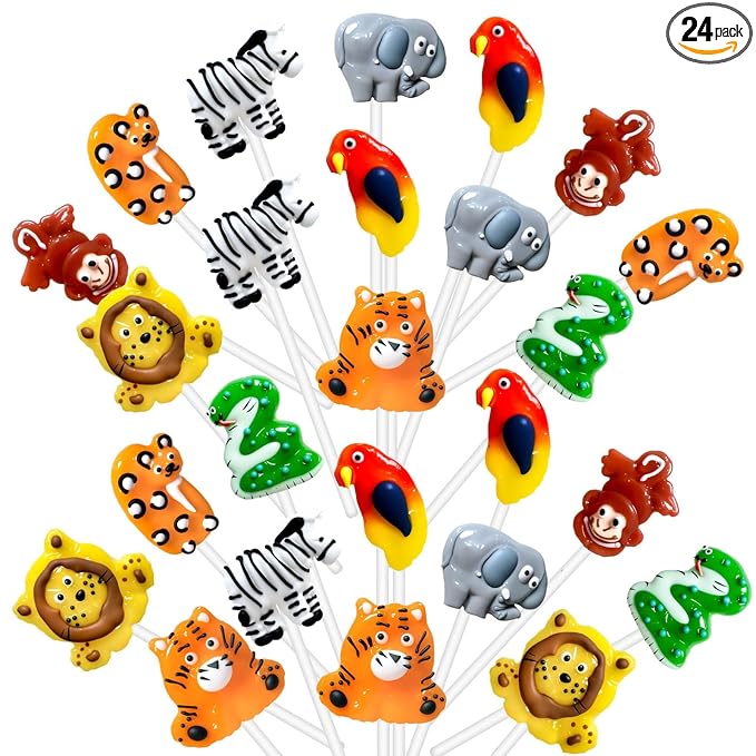 Safari Wildlife-themed Lollipops 24 Ct with 8 Animals Shapes & Fruit Flavors, Individually Wrapped Suckers for Zoo Birthday Party Candies, Earth Day, Christmas Stocking Stuffers, Wildlife Conservation