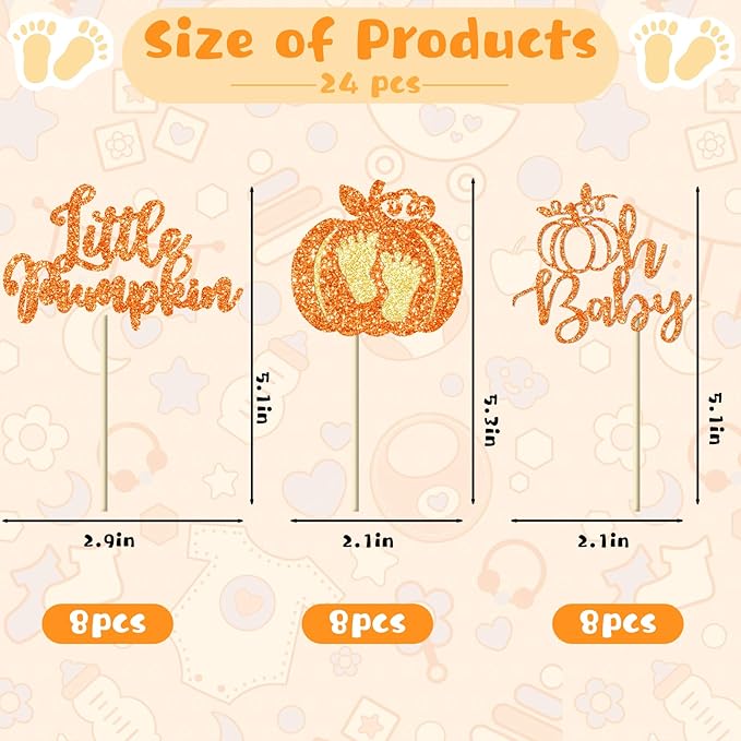 Little Pumpkin Cupcake Toppers, 24 Pcs Glitter Pumpkin Cupcake Picks Little Pumpkin Baby Shower Decorations Little Pumpkin Baby Shower Party Supplies