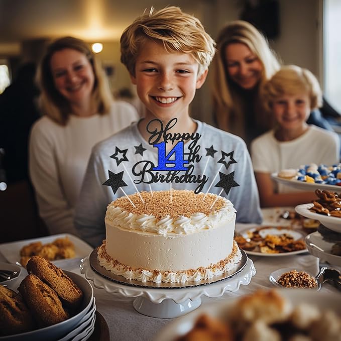 14th Birthday Cake Topper, Black Blue Happy 14th Birthday Cake Toppers for Boy Girl, 14 Years Old Birthday Party Supplies, Glitter Cake Decor, 14th Birthday Cake Decorations