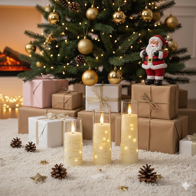 Raycare Flameless Candle with Remote Timer, 3 Flickering Acrylic Battery Operated LED Pillar Candles with Embedded Star String for Christmas, Home Decor, and as a Gift(Ivory)